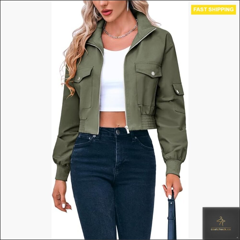 Cropped Bomber Jacket Lightweight Zip Up Stand Collar Long Sleeve Casual
